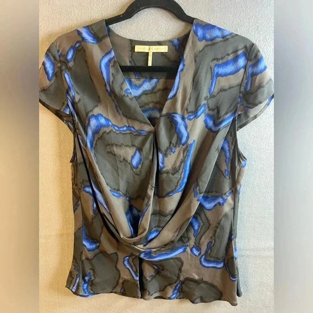 Halston Heritage Womens Abstract Cap Sleeve V Neck Top Sz 8